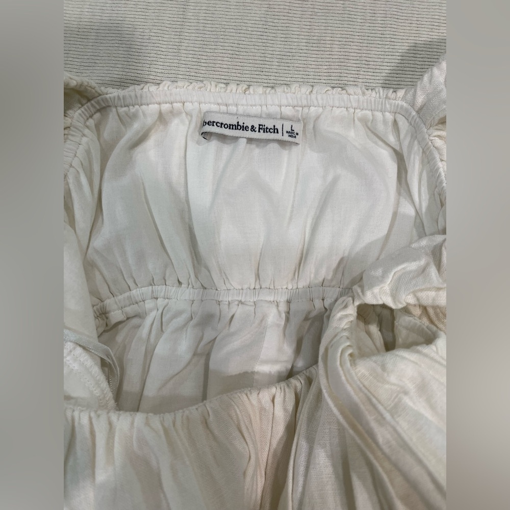 Abercrombie & Fitch Puff Strap Babydoll Linen Mini Dress In Cream Size Large - Picture 5 of 6